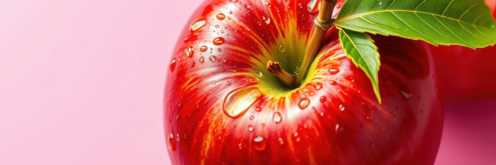 Fresh red apple with droplets of water surrounded by a pink background showcasing its vibrant color and texture